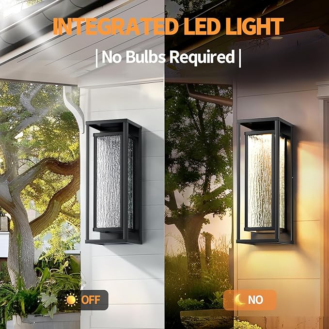 16'' LED Outdoor Wall Lights 2 Packs, 3000K Porch Lights Outdoor Sconce Lights with Water Ripple Glass, Modern Exterior Lighting Fixtures Outdoor Lantern, Outside Lights for House Garage Patio, Black