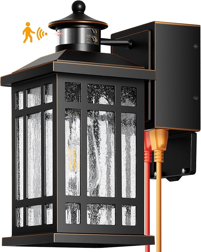 Outdoor Wall Lighting with GFCI Outlet, Modern Black Exterior Light Fixtures with Gold Trim, Aluminum Anti-Rust Outside Lights for House, Porch, Garage, Adjustable Sensitivity & Brightness