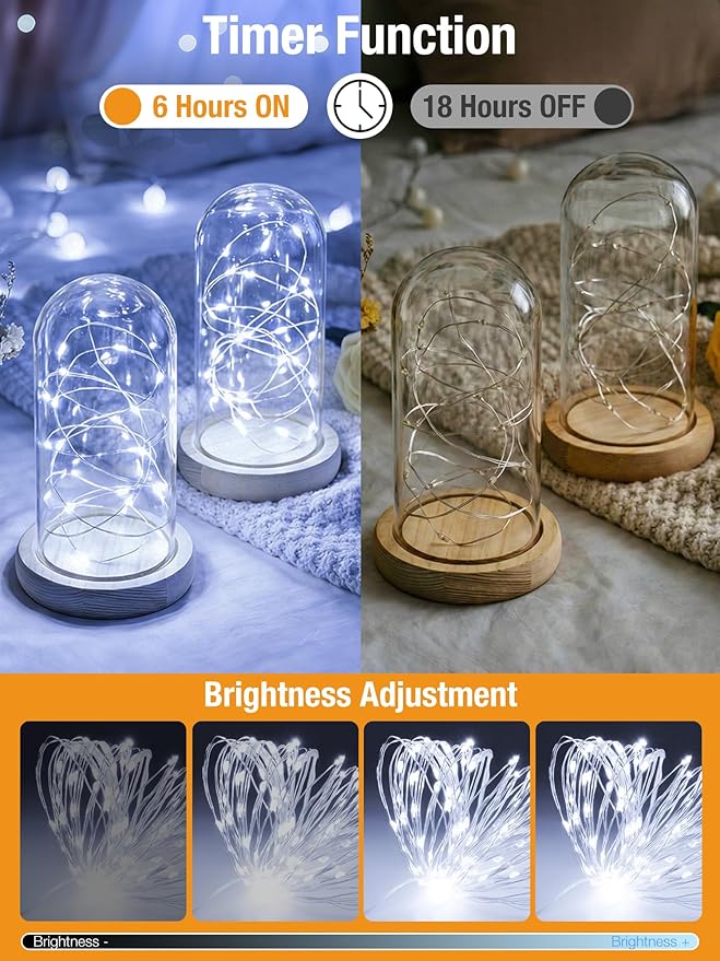 btfarm 2 Pack Fairy Lights Battery Operated with Timer, 16.4 FT 50 LED Silver Wire Twinkle String Lights 8 Modes Dimmable Waterproof for Indoor Christmas Bedroom Wedding Decorations, Cool White