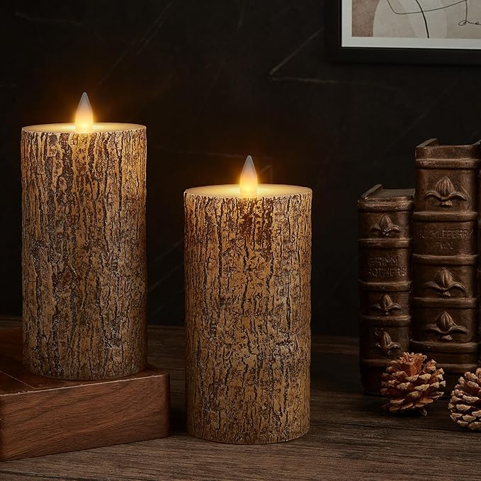 Brown Bark Wax Flameless Pillar Candles with Remote Timer, 3D Moving Flame Led Candles up to 400 Hours with 2AA Batteries, Set of 2(3''x6''), Remote Included (Brown).