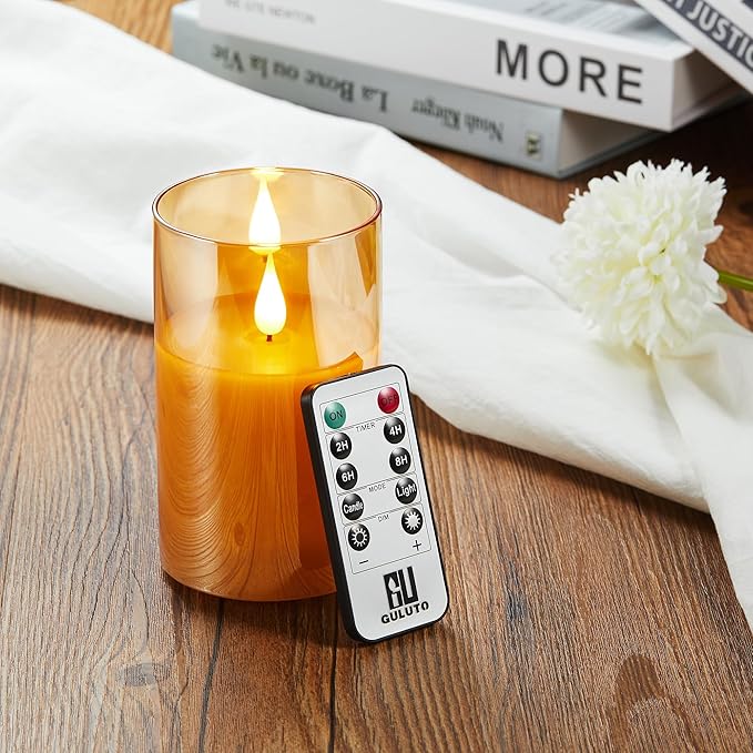 Battery Operated Flickering Flameless Candles with Remote and Timer, led Candle with 3D Wick Last 1000+ Hours Real Wax Electric Candles Pillar Candle, Gold Glass for Wedding, Festival 3" x 5"