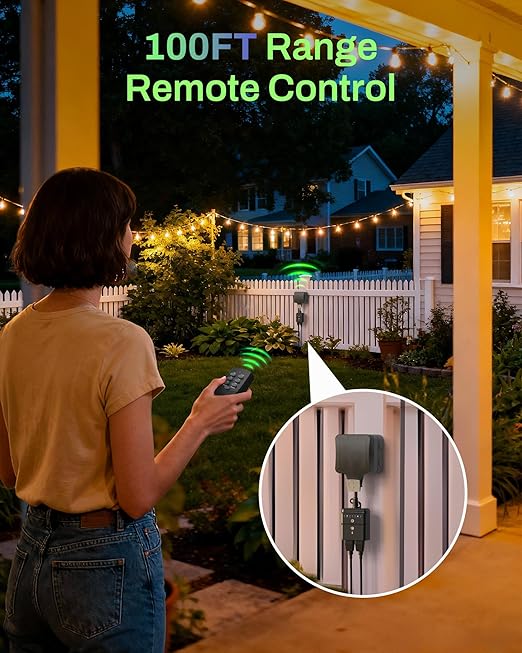 BN-LINK Outdoor Timer with Remote Control, Dusk to Dawn Light Sensor, Waterproof Plug-in Timer Outlet, 2 Grounded Outlets, 100ft Range, Perfect for Christmas & Halloween Lights, 15A 1/2HP ETL,2pack