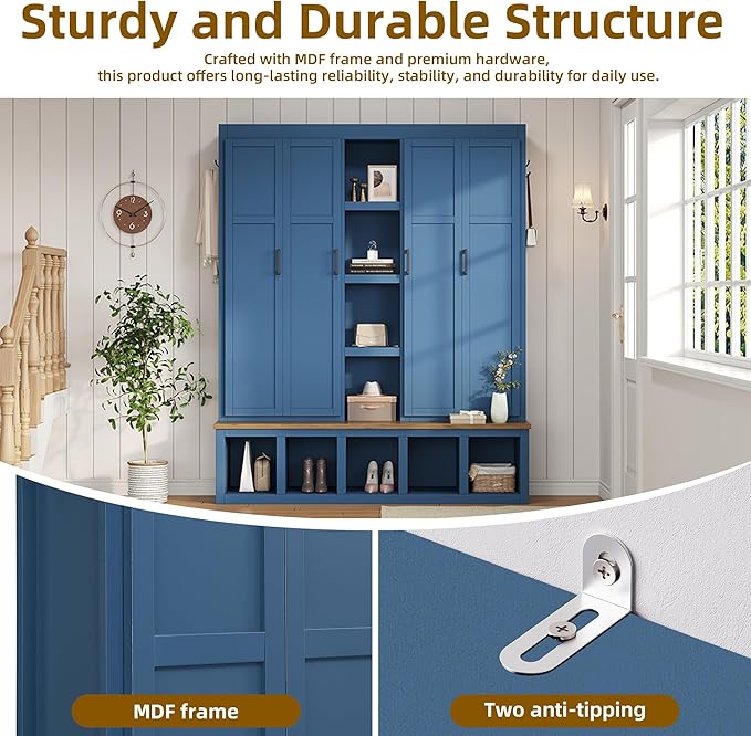 Merax Modern Farmhouse Hall Tree with Bench, 4-in-1 Entryway Storage Cabinet & Shoe Organizer with Hooks, Blue