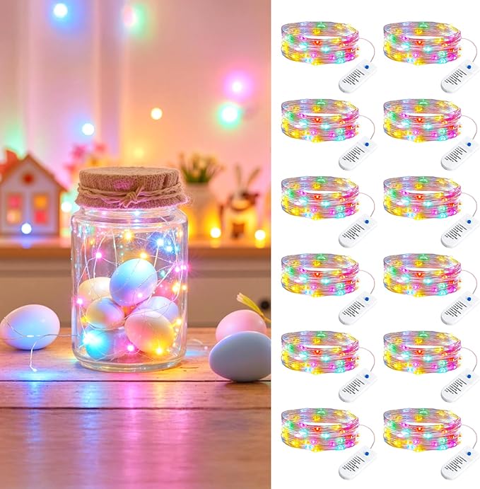 Minetom 12 Pack Pastel Christmas Lights, Easter Decor 7ft 20 LED Fairy Lights Battery Operated String Lights, Easter Decorations for Home, 8 Modes Waterproof Silver Wire Twinkle Lights