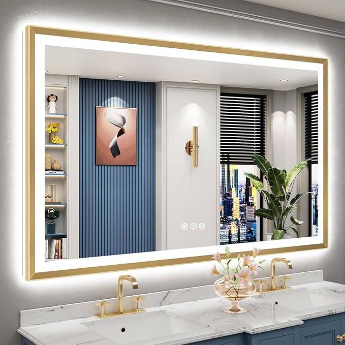 66x40 Gold Beveled LED Bathroom Mirror with Lights, Brushed Gold Framed Backlit and Front Lit Anti-Fog Lighted Vanity Mirrors for Bathroom Wall, Dimmable, 3 Colors, Memory, HD Tempered Glass