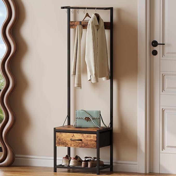 LUMTOK Hall Tree with Shoes Bench, Small Coat Rack with Fabirc Drawer and Shelf for Bedroom, 4-in-1 Entryway Organizer with Shoes Stool for Living Room, Entryway, Closets (Rustic Brown) (Brown, Small)