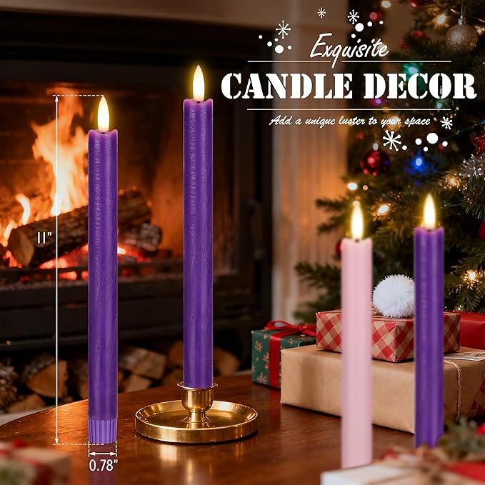 Flameless Advent Candles Set of 4, Real Wax Advent Taper Candles Battery Operated 9.6", Purple and Pink Christmas Candlesticks for Wreath, Christ, Home, Church, Catholic Decoration
