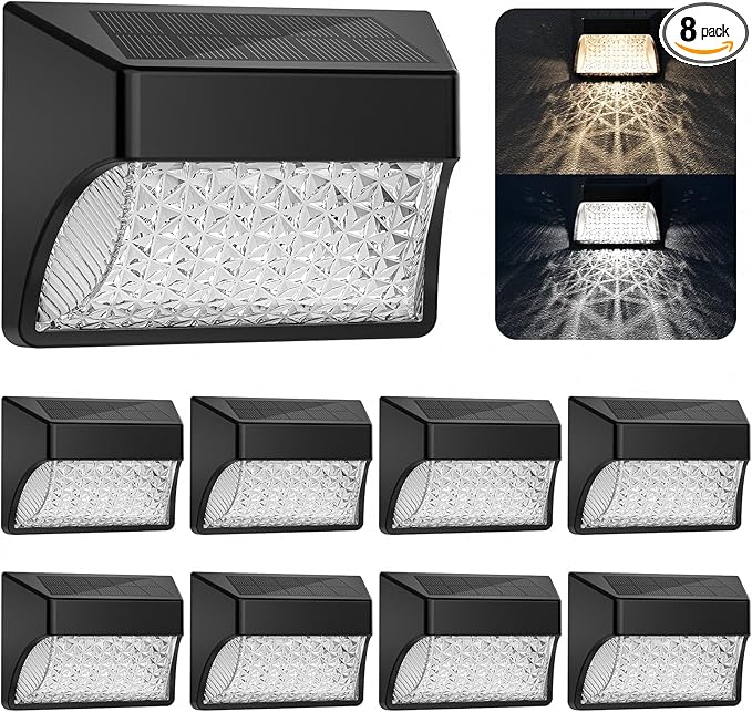 Solar Fence Deck Lights Outdoor 8 Pack Waterproof Dusk to Dawn Warm White/Cool White, Solar Powered LED Lights Decor for Outside Stair Step Yard Patio (Black)