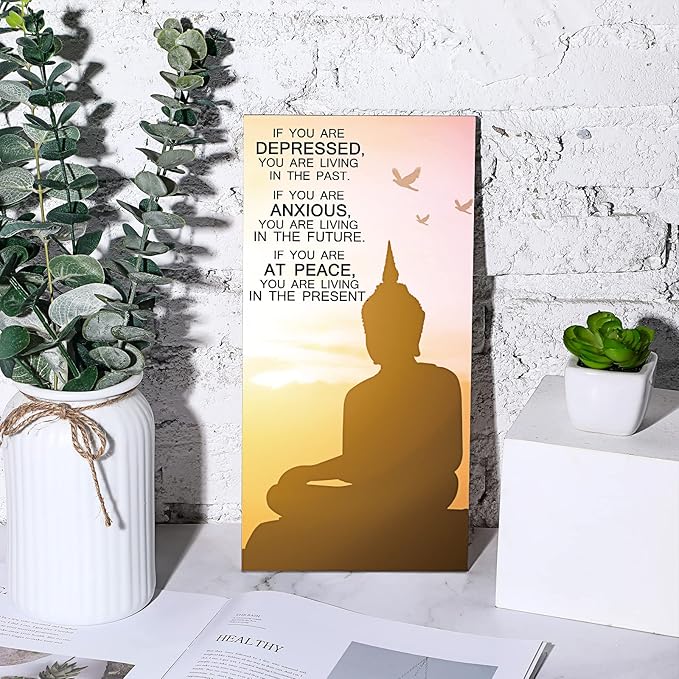 Blulu 2 Pcs Buddha Quote Decor Buddha Inspirational Quote Wall Art Meditation Room Chakra Decor Zen Wooden Hanging, Spiritual Gift for Home Yoga Living Room Women(at Peace)