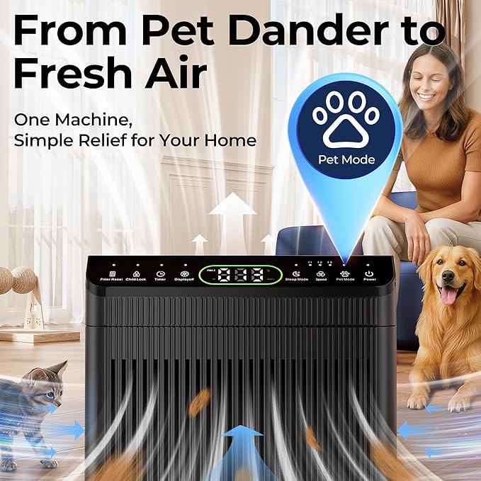 Air Purifiers for Home Large Room, Air Purifier up to 2200sq.ft, PM2.5 Air Quality Display, Sleep Mode with Fragrance for Smoke Dust Odors, ET066, Black, 1Pack+3Modes