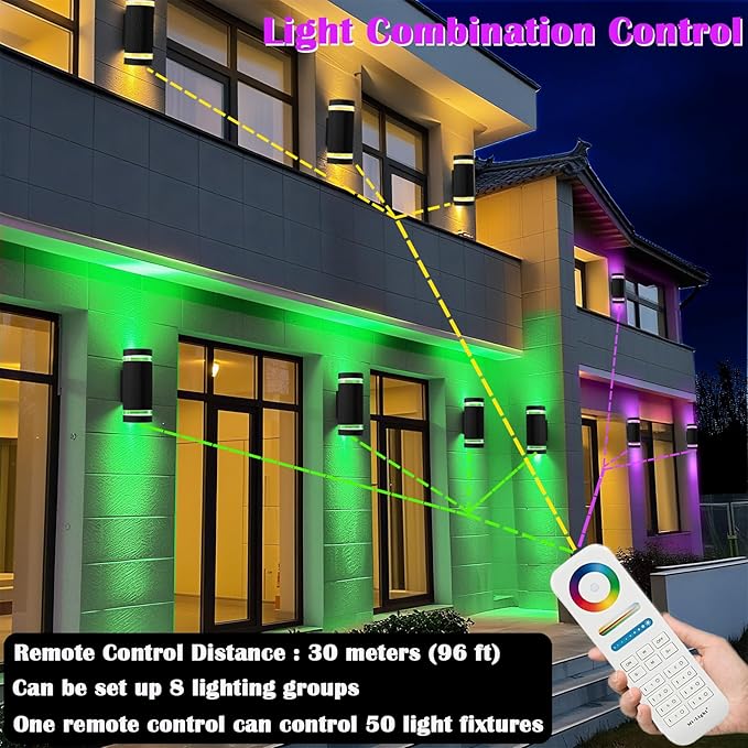 Up and Down Outdoor Smart Wall Light, RF Remote Control Color Changing Wall Lights, White Temperature 2700k- 6500k RGB+CCT 9 Modes Exterior Wall Lighting-Works with Alexa, Google Assistant