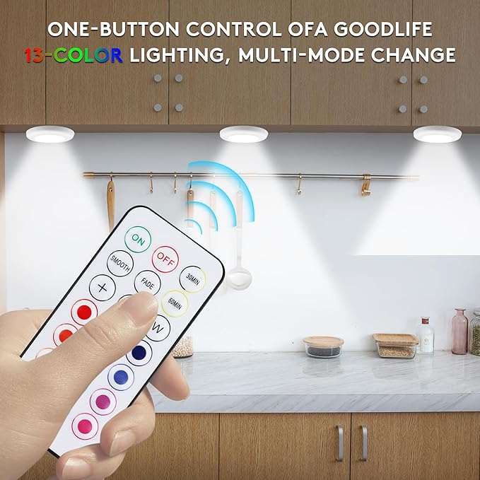 LED Puck Lights with Wireless Remote, 13 Colors RGB Dimmable Under Cabinet, Battery Powered Color Changing, Party Atmosphere for Kitchen Closet Counter, 6 Pack