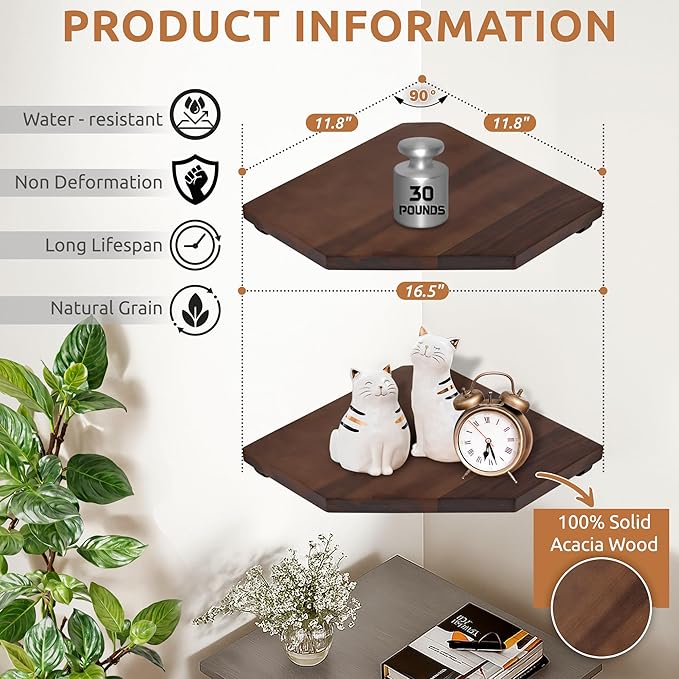 Demigo [Upgraded] Hexagon Corner Floating Shelves Wall Mount (2pcs) – Solid Acacia Wood with Hidden Brackets & Cable Hole – Rustic & Modern Space-Saving Shelves for Bedroom Living Room Office Kitchen