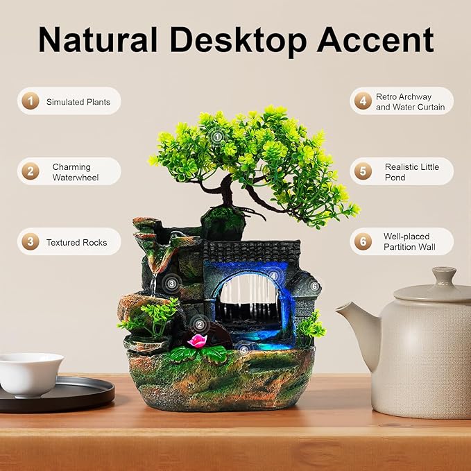 7.87in Tabletop Waterfall Lamp, 120v Color-Changing LED Lights, Hand-Carved Resin Landscape, Us Plug, Chasing Waterfalls for Home Office Desk Decor (Modern Style)