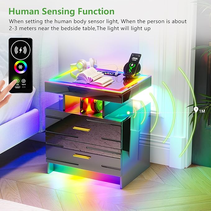 HNEBC LED Nightstand Set of 2 with Charging Station, High Gloss Nightstands Set 2 with Drawer and RGB Dynamic Lighting, Smartt Bedside Table for Bedroom/Living Room (Black)