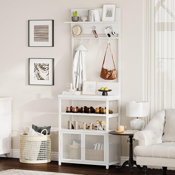 IDEALHOUSE Hall Tree with Doors White 72.8in Coat Rack Shoe Storage Narrow Coat Tree Shoe Shelf Organizer with 7 Hooks for Entryway Bedroom and Mudroom