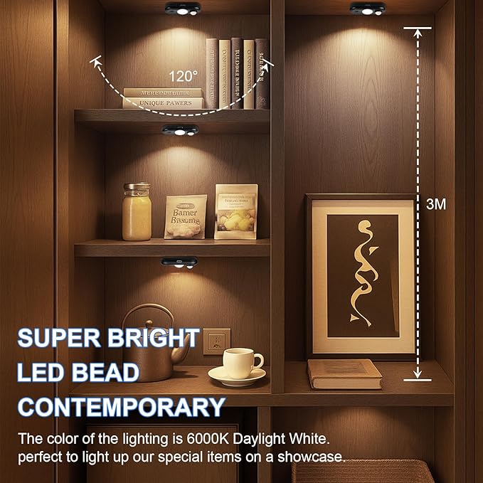 LED Motion Sensor Light Indoor, Black Magnetic Under Cabinet Lighting Daylight White, Dimmable Rechargeable Puck Lights for Closet, Kitchen, Stairs(6 Pack)
