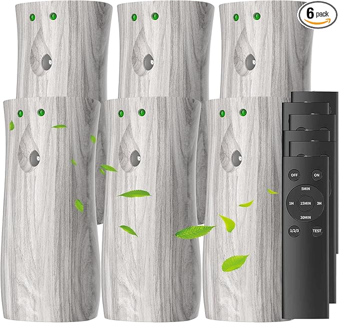6-Pack Automatic Air Freshener Spray Dispenser with Remote Control, Wall Mounted or Free Standing for Commercial Use, Multiple Time Settings for Room and Restroom