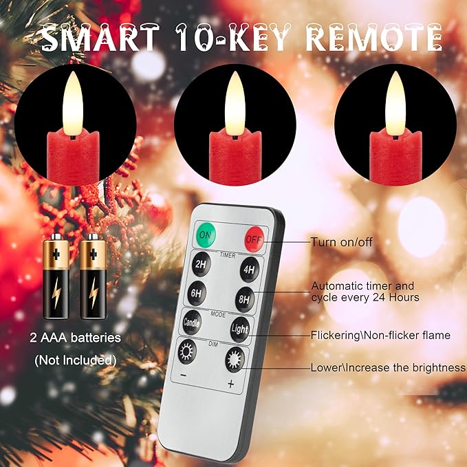 Red Flameless Taper Candles with Rmote, 9.6" Real Wax Battery Operated Candles with 3D Wick, 3 Pack Christmas Led Candlesticks for Table, Home, Wedding, Party, Xmas Decor