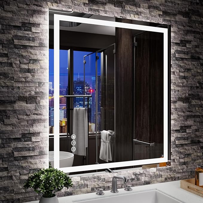 Amorho LED Mirror for Bathroom, 28"x 32" Mirror with Front Light and Backlit, Stepless Dimmable, Shatter-Proof, Memory, 3 Colors, Wall Mount (Horizontal/Vertical)