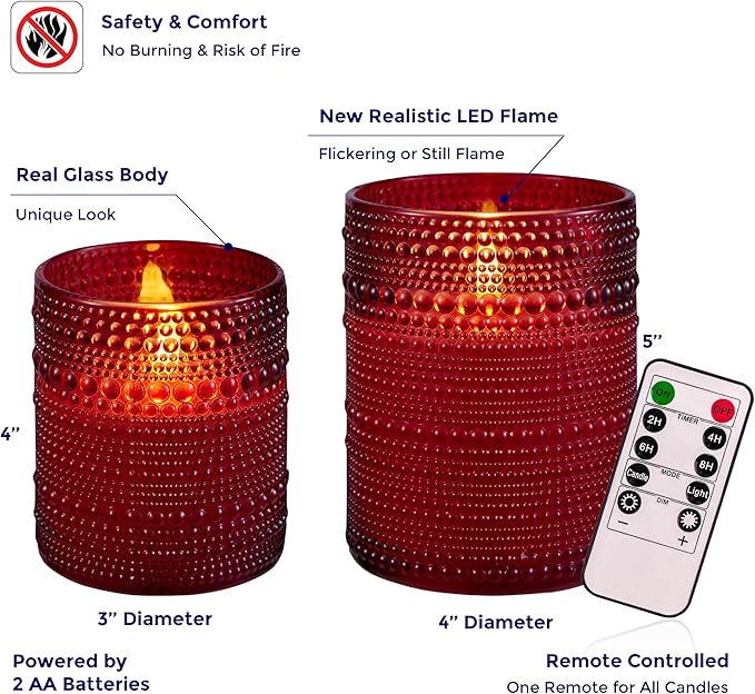 VENTA Set of 2 Red Glass Flameless Candles with Remote | Dimmable Flickering Votives, Ideal for a Romantic Dinner, Anniversaries, and Home Ambiance | Decorative Table Lamp