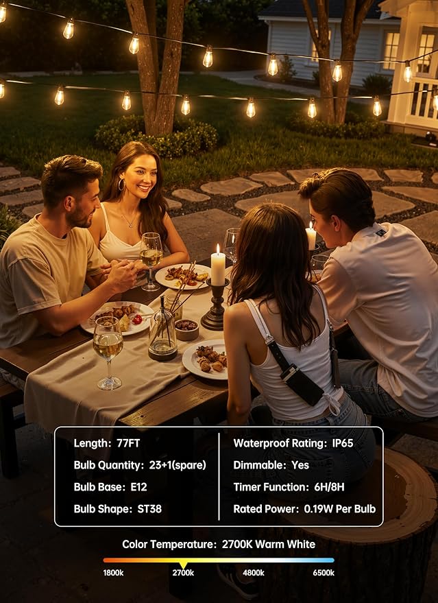 Minetom 77FT Outdoor String Lights with Remote, 23+1 Shatterproof ST38 LED Bulbs, Waterproof Patio Lights with 3 Modes, Dimmable & Connectable 2700K Hanging Lights for Backyard Porch Deck Balcony