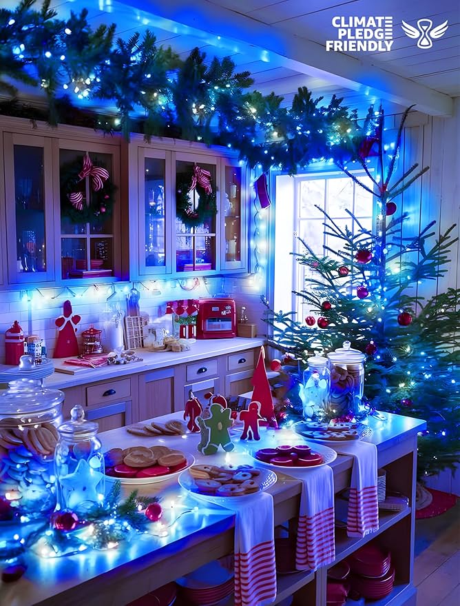 String Lights Indoor Bedroom, 33FT 100 LED Fairy String Lights Outdoor Waterproof, 8 Modes Memory Twinkle Christmas Light Plug in for Classroom Dorm Patio Tree Garden Decor (Cool White+Blue)