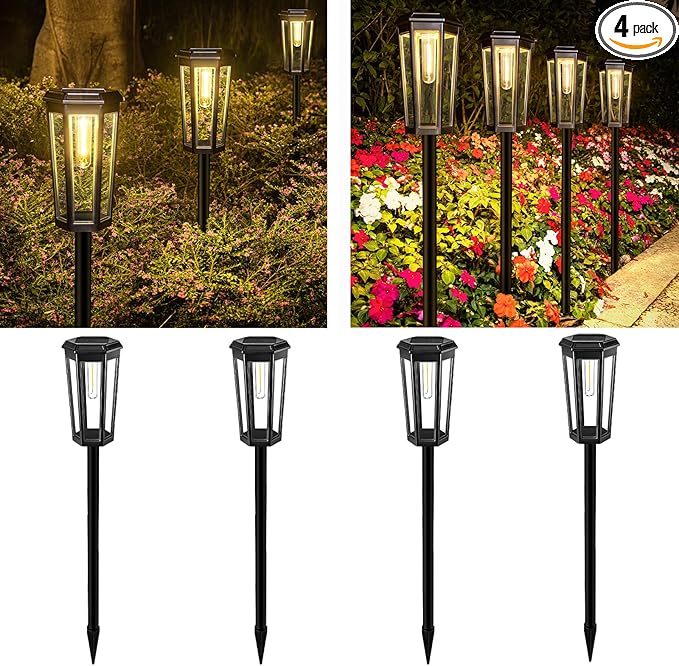 4 Pack Solar Pathway Lights, Outdoor Waterproof (IP65) with 2-in-1 Lighting Modes, Warm White LED for Yard, Lawn, Garden, Patio & Landscape