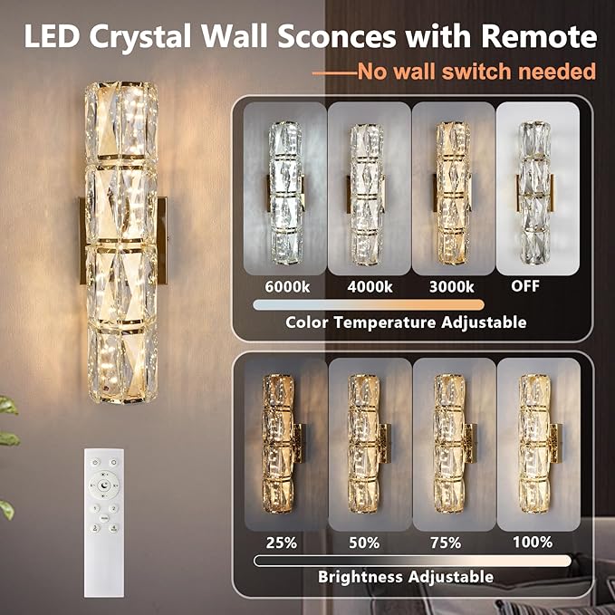 Gold Crystal Wall Sconces, Modern LED Crystal Wall Light Fixtures with Remote, Luxury Vanity Wall Lamp Indoor for Bedroom Living Room Hallway Stairway Bedside, 3000K-6000K Dimmable