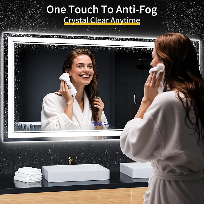 60"x30" LED Bathroom Mirror with Anti-Fog, Stepless Dimmable Lights, 3 Color Modes, Shatter-Proof Tempered Glass,Waterproof Design