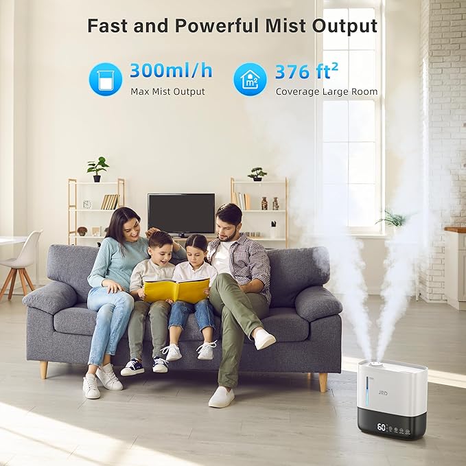 JRD Humidifiers for Bedroom, Ultrasonic Humidifier 4L for Large Room, Cool Mist Top-Fill, 40H Run, 12H Timer, 360° Nozzle, Aroma Diffuser, 7-Color Night Light for Home, Office, Baby(White)