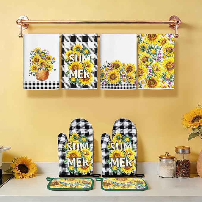 8 Pcs Sunflower Plaid Kitchen Towels and Dishcloths Sets - Pot Holders and Oven Mitts Set Kitchen Accessories 4 Dish Towels 2 Absorbent Square Potholders for Cooking Baking Farmhome Gifts