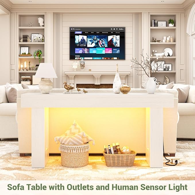 Unikito 63'' Farmhouse Console Table with Power Outlets and Sensor Light, Wooden Entryway Table with Storage, Rectangular Sofa Tables Behind The Couch for Entrance, Hallway, Living Room, Antique White