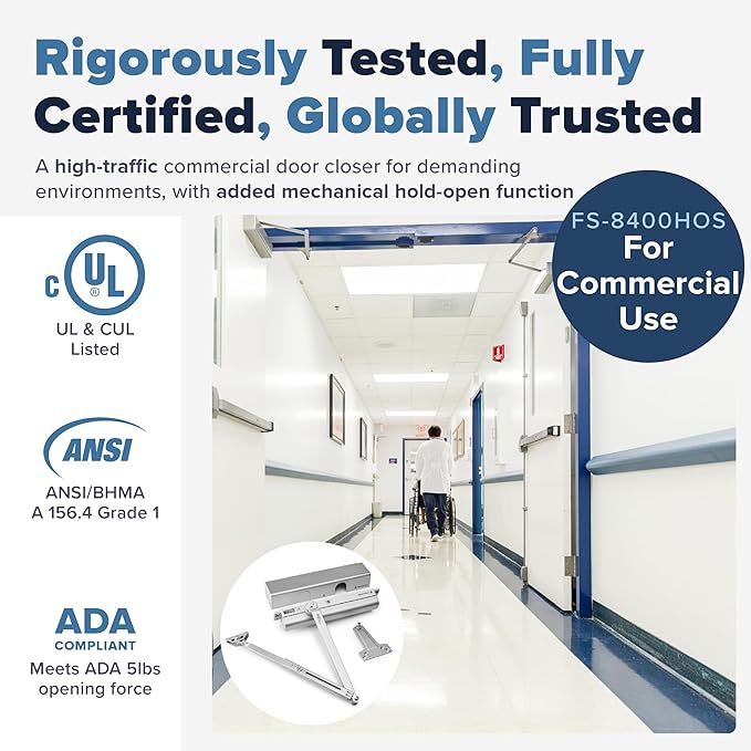 FORTSTRONG Commercial Door Closer - FS-8400 - Heavy Duty Adjustable Grade 1 Standard Automatic Door Closing Hinge - ADA Compliant - Hold Open Function