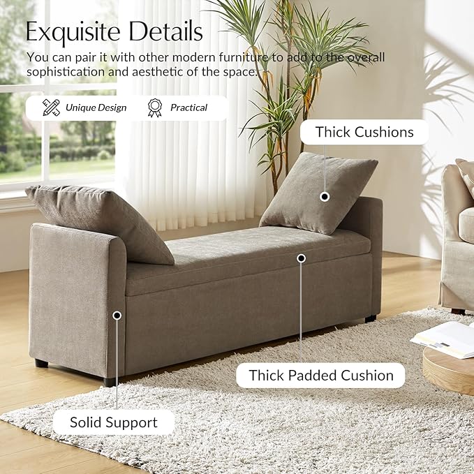 59.5" Modern Storage Ottoman Bedroom Bench, End of Bed Bench with Arms and Throw Pillows, Footrest Stool for Living Room, Dining Room, Entryway and Hallway, Brown