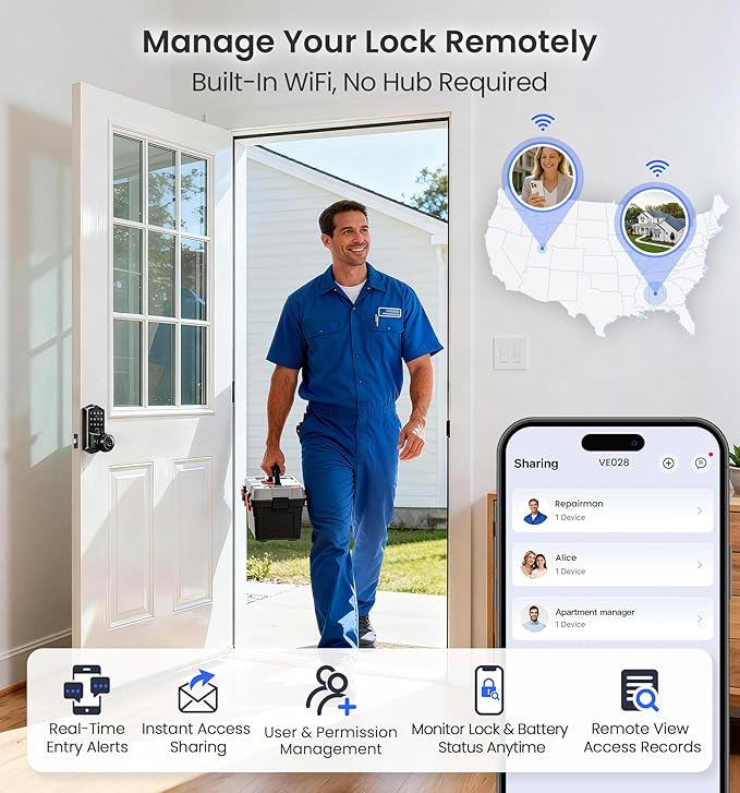 Veise VE028 Built-in Wi-Fi Smart Lock with Knob, Fingerprint Keyless Entry with Handle, App Remote & Voice Control, Electronic Digital Keypad for Front Door and Bedroom, IP65 Waterproof, Matte Black