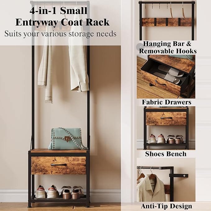 LUMTOK Hall Tree with Shoes Bench, Small Coat Rack with Fabirc Drawer and Shelf for Bedroom, 4-in-1 Entryway Organizer with Shoes Stool for Living Room, Entryway, Closets (Rustic Brown) (Brown, Small)
