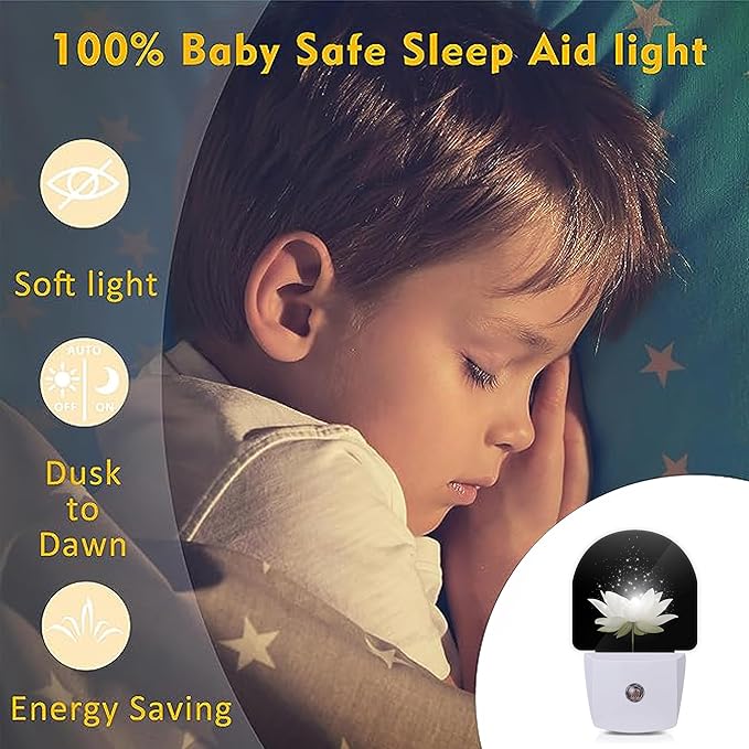 Magic White Lotus Flower Night Lights Plug into Wall for Girls Boys Room,Night Light LED Lamp Dusk to Dawn Sensor Round Lamp for Bedroom Bathroom Hallway Home Wall Decor