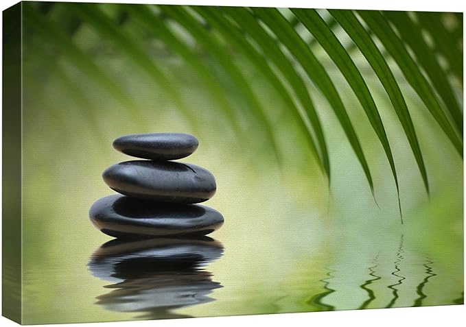 wall26 Canvas Print Wall Art Black Rocks on Seren Green Tropical Lake Floral Nature Photography Realism Bohemian Scenic Relax/Calm Cool for Living Room, Bedroom, Office - 12"x18"