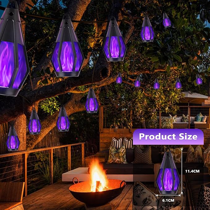 Solar String Lights for Outside, 33Ft Solar Patio Lights with 15 Flickering Flame Light Bulbs, Waterproof Purple Solar Powered Outdoor Lights for Garden Yard Patio Gazebo Bistro Cafe Porch Party Decor