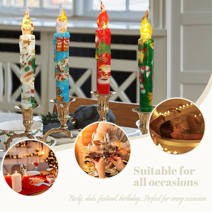 Christmas Candlesticks Flameless Taper Candle,Gedengni 4pcs Red LED Tapered Candles Remote Dipped Candle 6inch Green Battery Chandelier for Enchanting Weddings and Harry Potter Inspired Vigils(CHMAS)