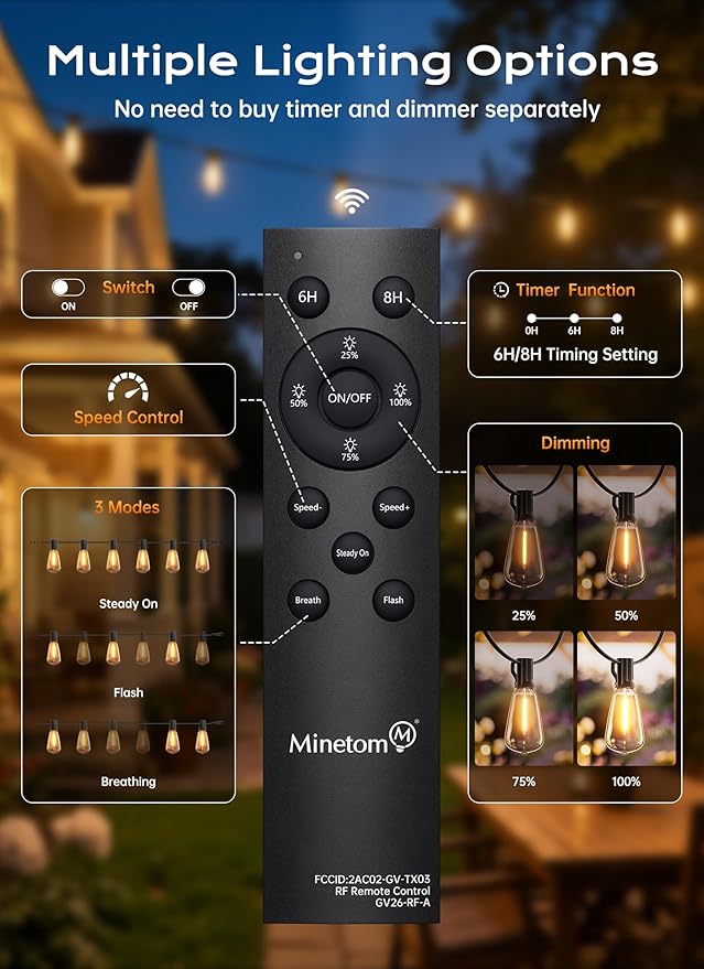 Minetom 152FT Outdoor String Lights with Remote, 48+2 Shatterproof ST38 LED Bulbs, Waterproof Patio Lights with 3 Modes, Dimmable & Connectable 2700K Hanging Lights for Backyard Porch Deck Balcony