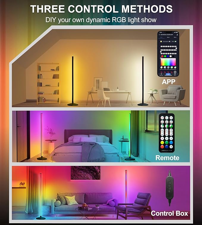 LanSuper Corner Floor Lamp,Smart RGB LED Corner Lamp with Luminous Base,21W 1800LM Bright Floor lamp with APP&Remote,LED Floor Lamps with Music Sync&16 Million Color,Ambient Lighting-Black