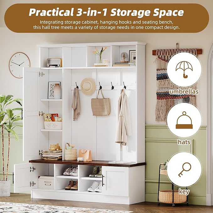 Versatile 3-in-1 Hall Tree with 6 Hooks, Farmhouse Walnut Storage Bench with Adjustable Shelves, 55" W Entryway Coat Rack with Multiple Storage Space for Mudroom, Living Room (White-7)