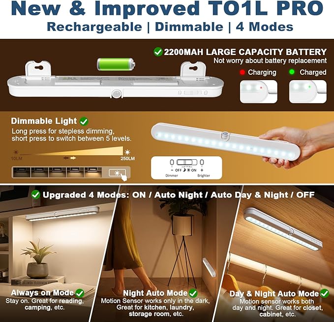 BLS Under Cabinet Lighting, 2200mah Rechargeable Closet Lights Motion Sensored, Battery Powered/DC Cable Plug in LED Light, 14 inch, 6000K Cool White, Dimmable, Under Counter Lights for Kitchen