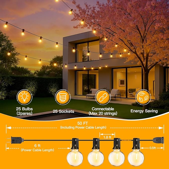 Ollny 50FT Outdoor String Lights, Waterproof Connectable Shatterproof Patio Lights with 25+2 G40 Edison Bulbs Plug in，Outdoor Hanging Light for Backyard, Porch, Deck, Garden, 2700K
