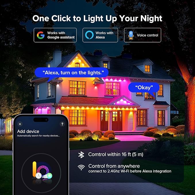 SANSI 100FT Permanent Outdoor Lights, AI Smart RGB+IC Lights 90 Scene Modes for Outside, DIY Lighting Themes for Christmas Decorations, Music Mode, IP67 Waterproof, Works with Alexa, Google Assistant