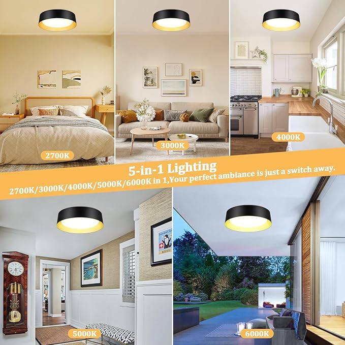 BrightHome 16in Flush Mount Ceiling Light, 3000LM 30W(300W Equiv), LED Ceiling Light Fixture 5CCT 2700K 3000K 4000K 5000K 6000K, Dimmable Ceiling Lamp for Bedroom Bathroom Hallway, Black and Gold