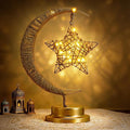 Lewondr Ramadan Moon Lamp with Rattan Star, Lunar Lamp for Night Stands, Battery Powered Ramadan Desk Lamps Decorations, Gold Crescent Table Light Bedside Lamps for Desktop Nursery Kids Room Decor