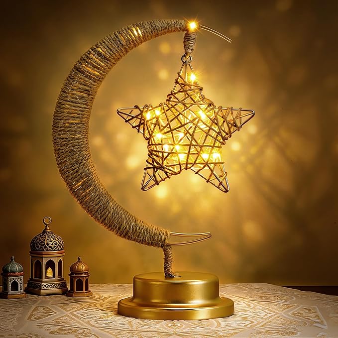 Lewondr Ramadan Moon Lamp with Rattan Star, Lunar Lamp for Night Stands, Battery Powered Ramadan Desk Lamps Decorations, Gold Crescent Table Light Bedside Lamps for Desktop Nursery Kids Room Decor